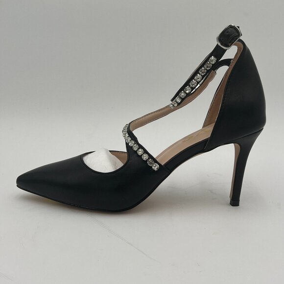 Black Studded Sexy Cross Strap High Heel Ankle Strap Pointed Toe Pumps Prom Shoe - Picture 2 of 7